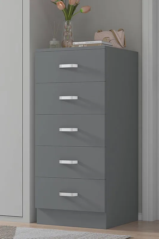 FWStyle Tunis 5 Drawer Tall Slim Chest Of Drawers - Matt Grey - Grey