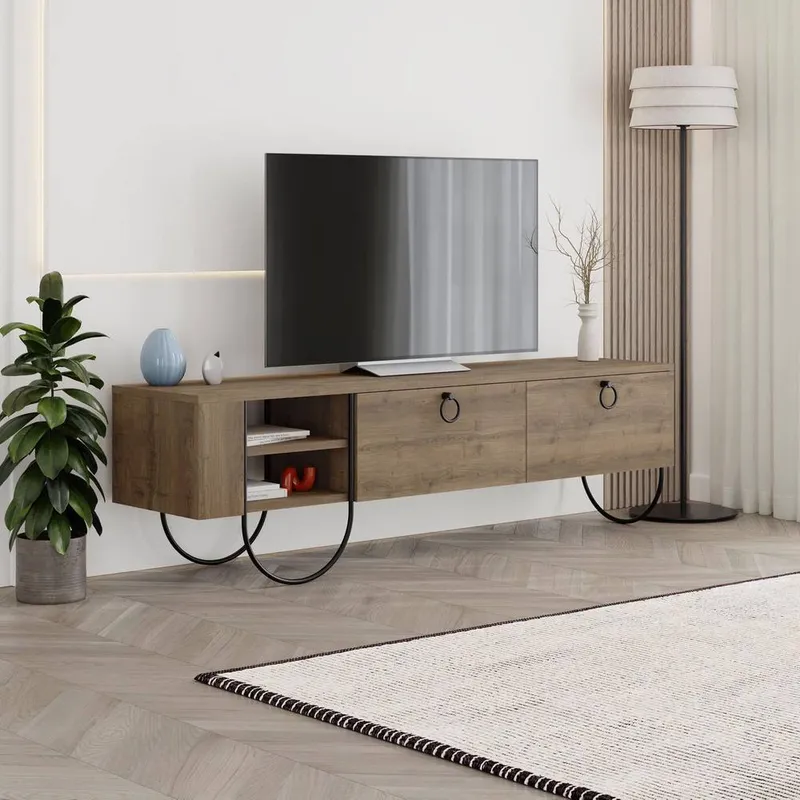 FWStyle 2 Door Dark Oak Modern TV Unit Stand in Brown - Brown