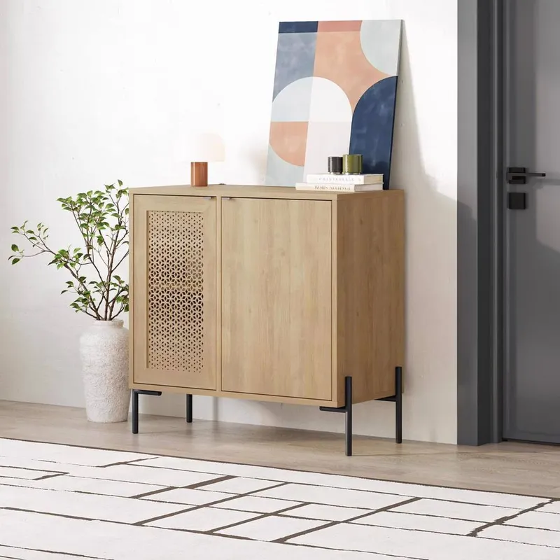 FWStyle Unisex 2 Door Sideboard Cabinet Sapphire Oak Modern Design in Brown Brown female