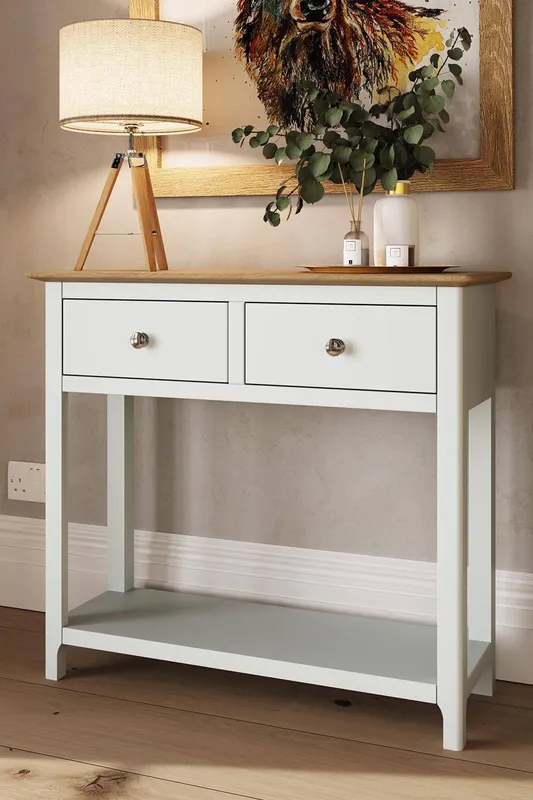 FWStyle 2 Drawer Console Table White Linen Large Oak Top Painted Finish White