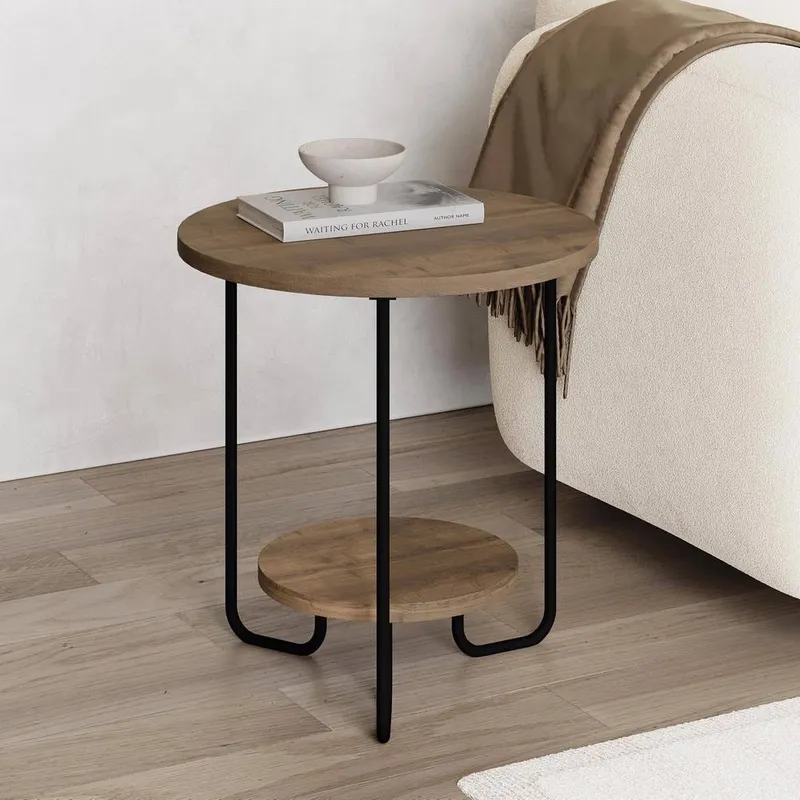 FWStyle Unisex 2 Tier Round Dark Oak Side Lamp Table in Brown Brown female