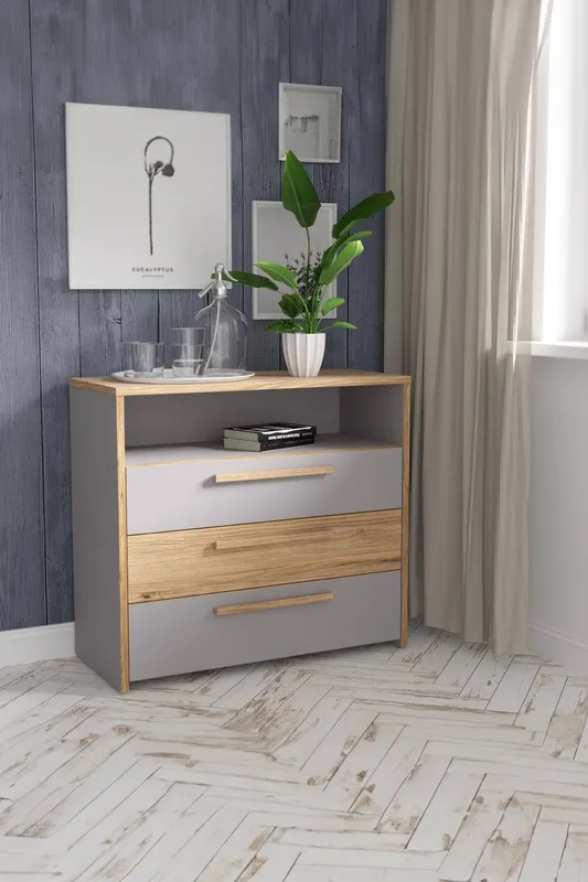 FWStyle 3 Drawer Chest Of Drawers Matt Grey & Sonoma Oak in Brown - Brown