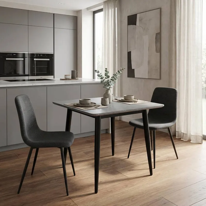 FWStyle 3 Piece Grey Marble Effect Square Dining Table & Grey Chairs Set Grey