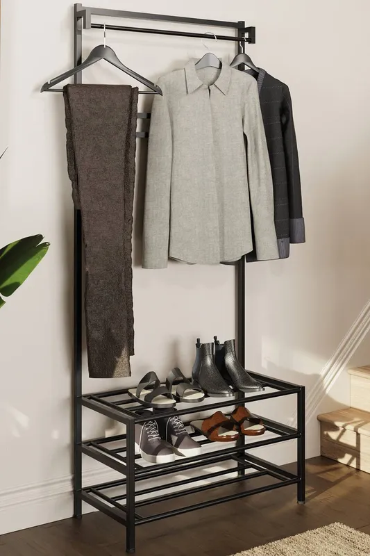 FWStyle 3 Tier Black Metal Hallway Coat & Shoe Rack With Rail Black