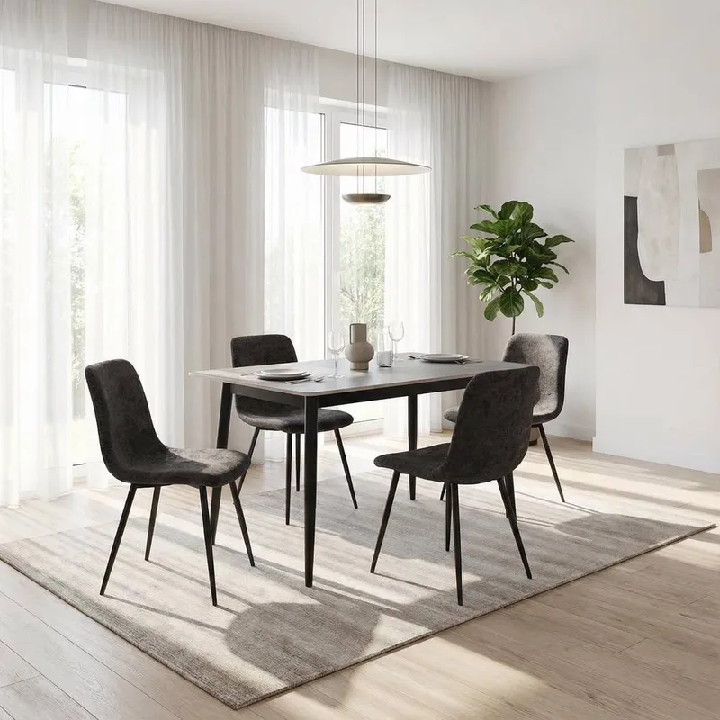 FWStyle 5 Piece Grey Marble Effect Stone Dining Table & Grey Chairs Set - Grey - Size: One Size