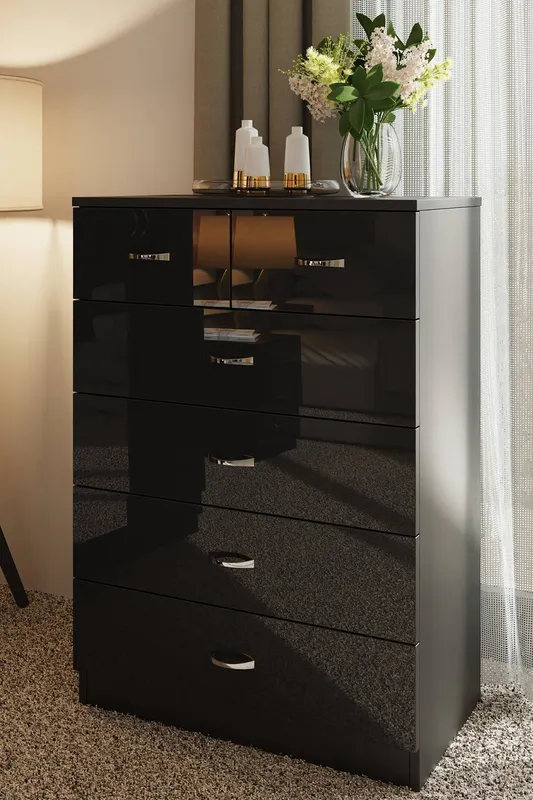 FWStyle Chilton Black Gloss 6 Drawer Chest (H) 100cm (W) 70cm (D) 40cm Black