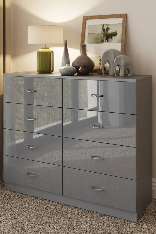FWStyle Chilton Grey Gloss 8 Drawer Chest (H) 77cm (W) 114cm (D) 40cm Grey