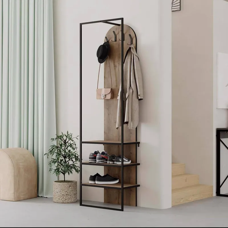 FWStyle Dark Oak Hallway Coat Rack With Shoe Storage in Brown - Brown
