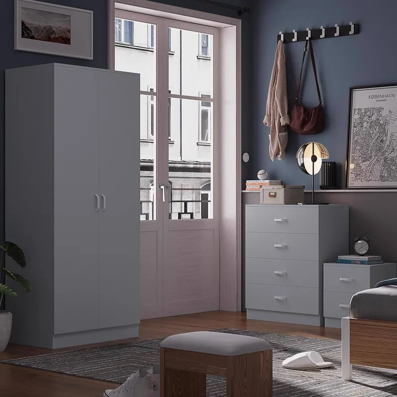 FWStyle Grey 3 Piece Bedroom Furniture Set Bedside, Wardrobe, 4 Drawer Chest Grey