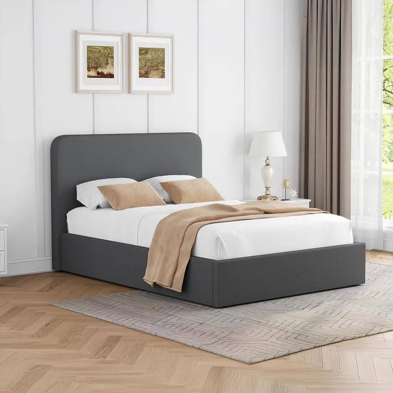 FWStyle Unisex Grey Linen Upholstered King Size Ottoman Lift Up Storage Bedframe Grey King female