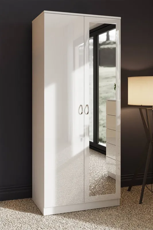 FWStyle Unisex High Gloss White 2 Door Mirrored Double Wardrobe White female