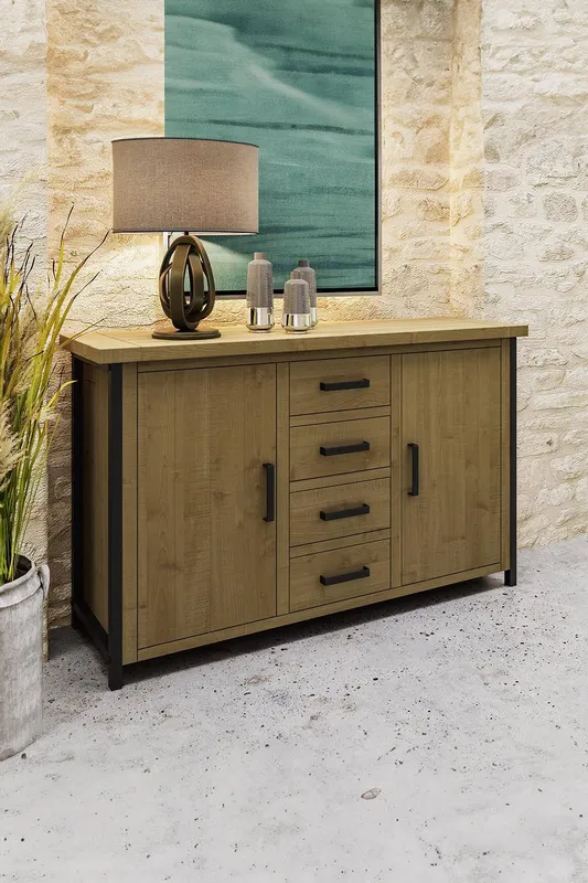 FWStyle Lowry 2 Door 4 Drawer Large Solid Pine Sideboard (H) 90 (W) 150 (D) 45cm in Brown Brown