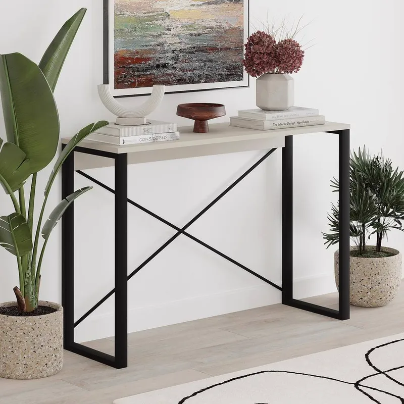 FWStyle Modern Sandstone Narrow Hallway Console Table in Beige Beige