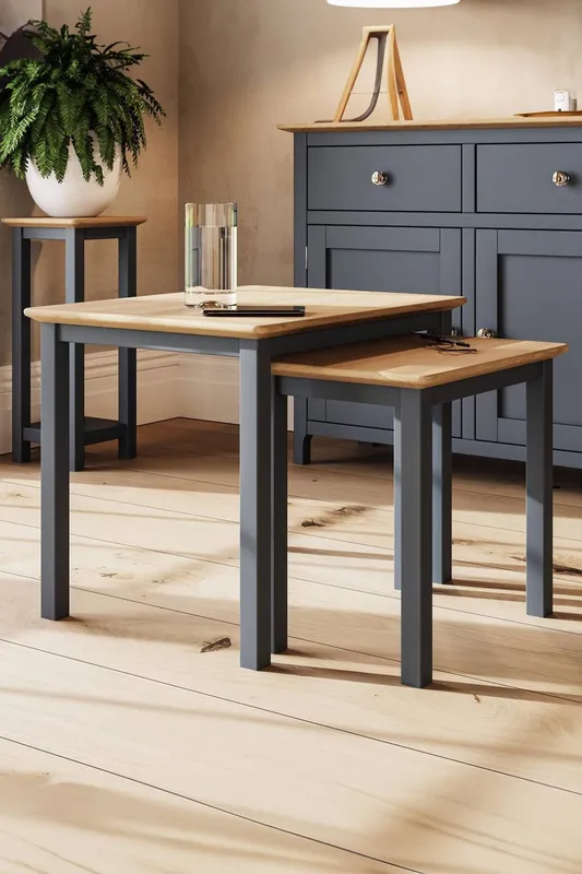 FWStyle Oak Nest Of 2 Tables Graphite Blue Ready Assembled in Dark Blue - Dark Blue