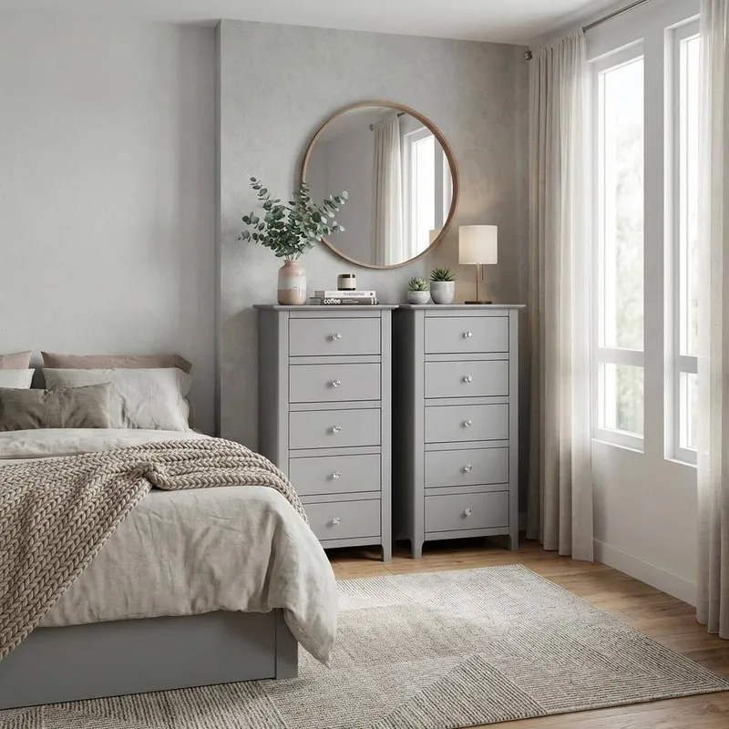 FWStyle Pair Of Grey Palma 5 Drawer Chest Of Drawers Ready Assembled - Grey