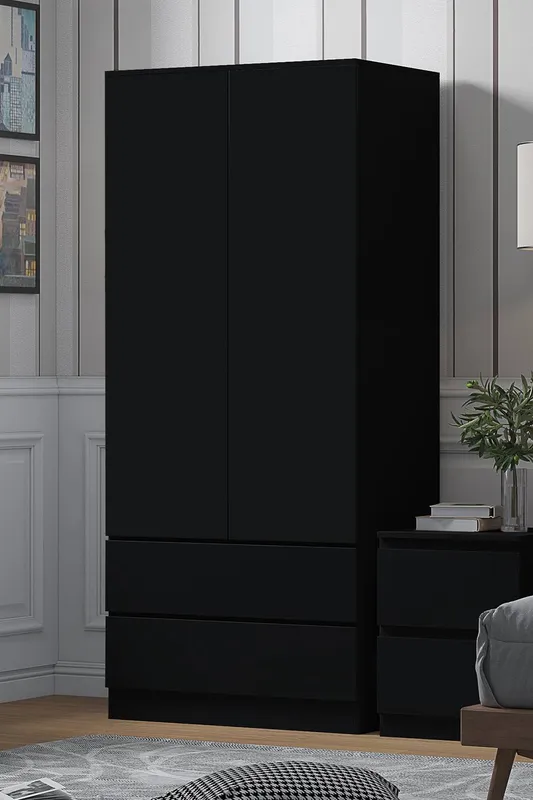 FWStyle Stora 2 Door 2 Drawer Wardrobe Black (H) 180.5 (W) 80 (D) 50cm Black