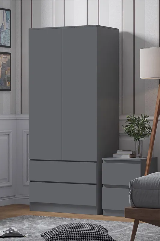 FWStyle Stora 2 Door 2 Drawer Wardrobe Dark Grey (H) 180.5 (W) 80 (D) 50cm Dark Grey
