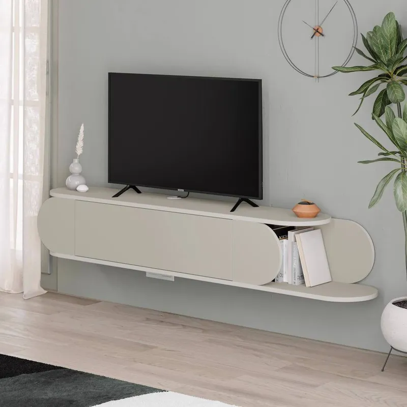 FWStyle Wall Mounted TV Unit Sandstone Push To Open in Brown Brown