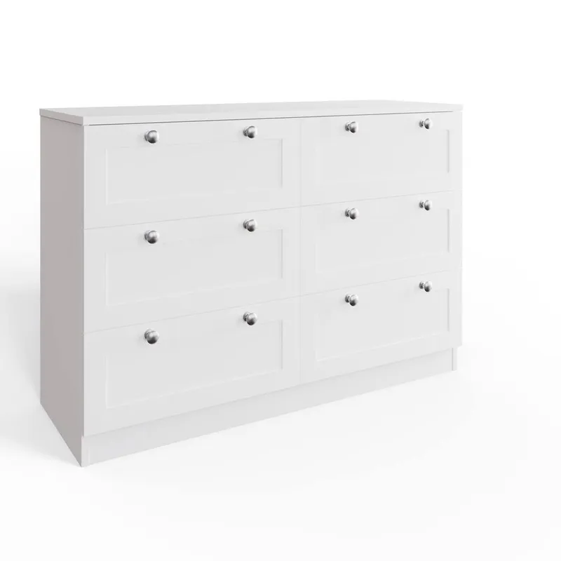 FWStyle White 6 Drawer Chest Of Drawers Panelled Bedroom Furniture - White