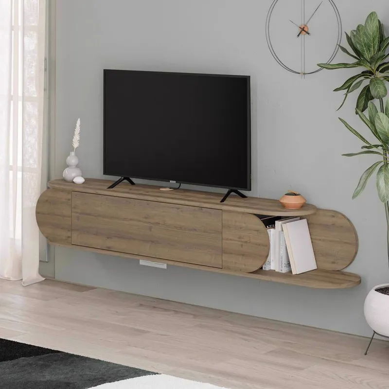FWStyle Wall Mounted TV Unit Dark Oak Push To Open in Brown Brown