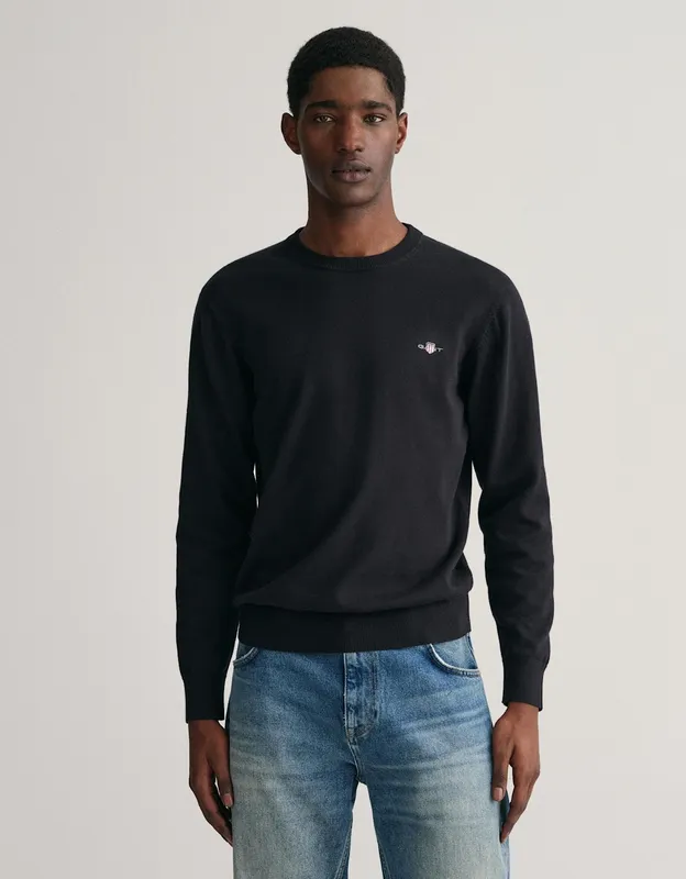 Gant Mens Classic Cotton Crew Neck Jumper - Black - Size Large