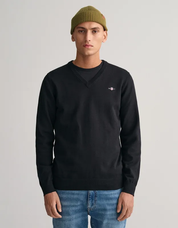 Gant Mens Classic Cotton V-Neck Jumper - Black - Size Large