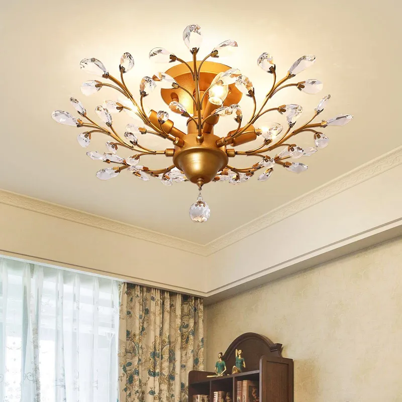 Garwarm 4-Light Vintage Gold Crystal Ceiling Lights Gold