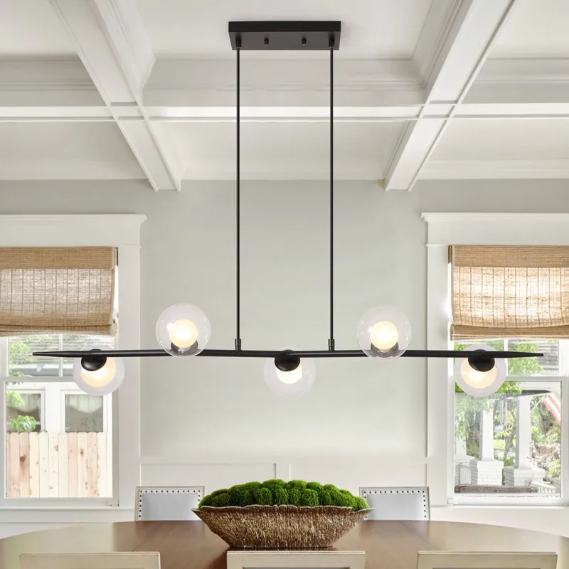 Garwarm 5 - Light Kitchen Island Linear Pendant in Black Black