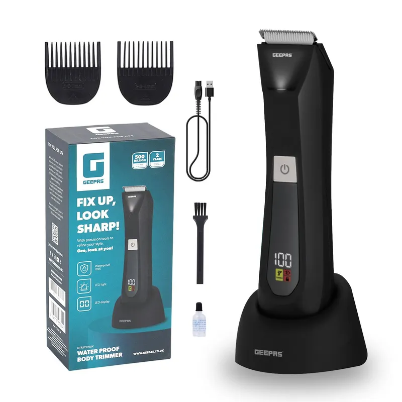 Geepas Full Body Trimmer Waterproof Wet & Dry Shaver 90min Runtime in Black Black