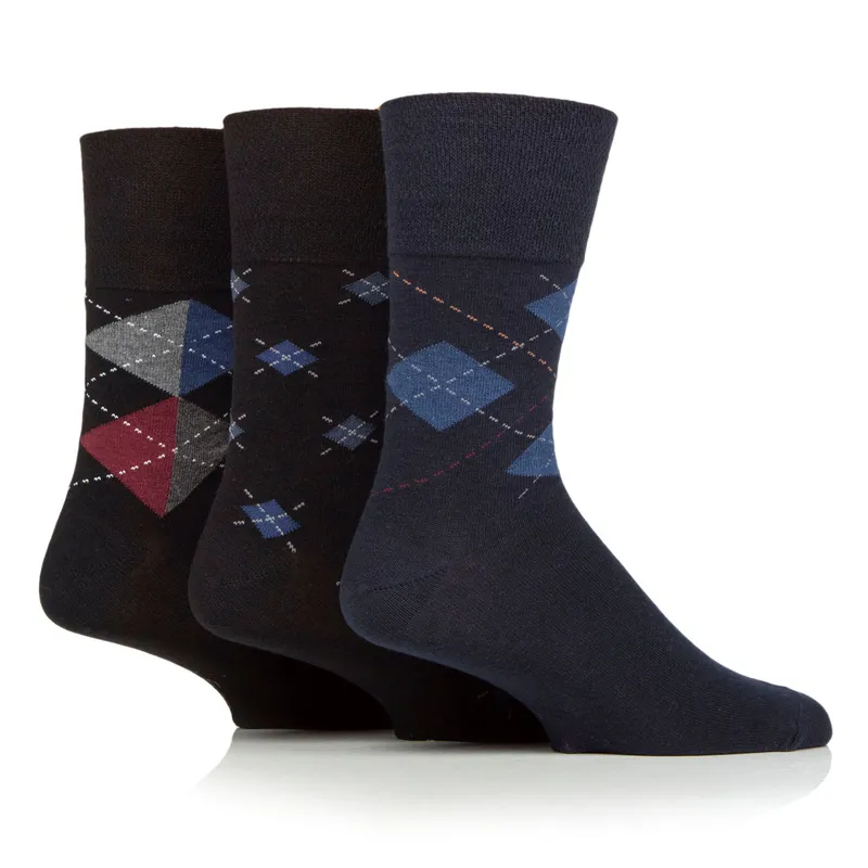Gentle Grip 3 Pairs Men's Argyle Cotton Socks - Black Argyle