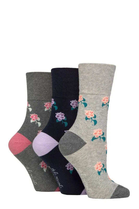 Women's 3 Pair Gentle Grip Rhs Royal Horticultural Society Patterned Cotton Socks Roses 4-8 - Multi Coloured - Size: Small