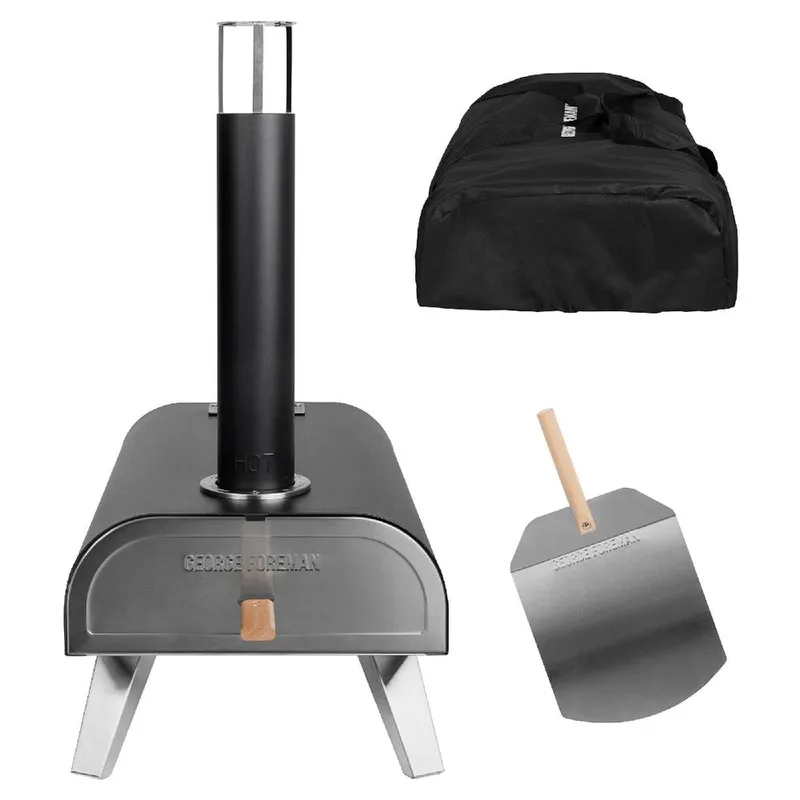 George Foreman Pizza Oven 12 Inch Wood Pellet with Paddle & Carry Bag in Black Black