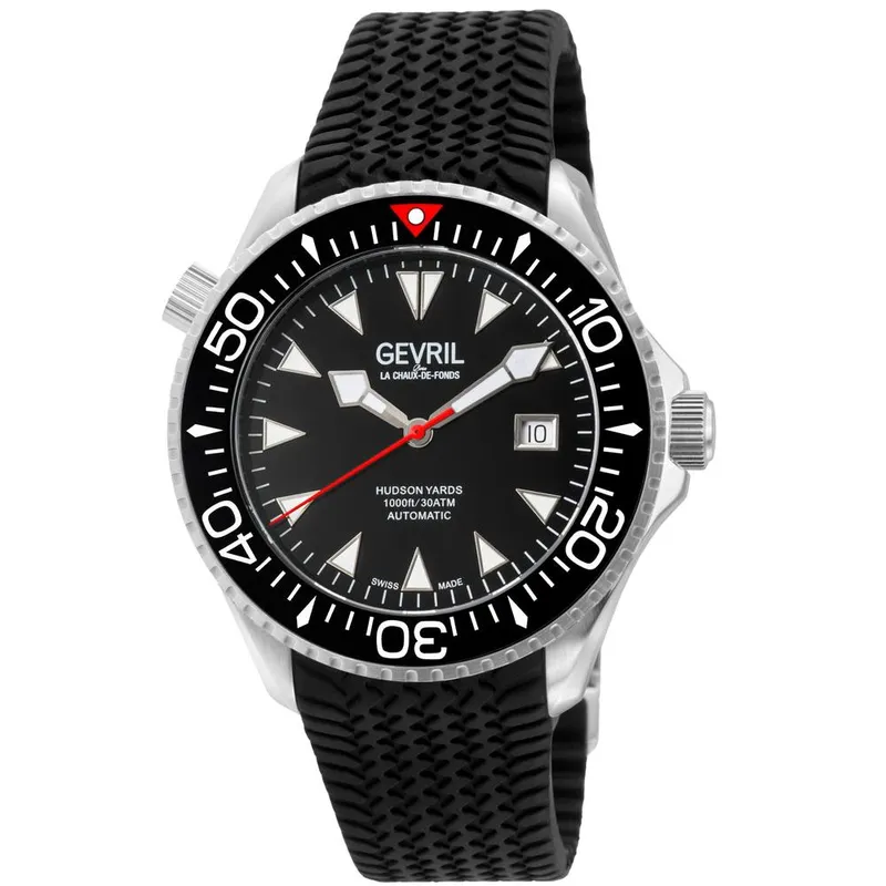 Gevril Men's Hudson Yards, Swiss Automatic Diver, Black Dial, Unidirectional Rotating bezel Bezel, Rubber, Sapphire Crystal, & 30 Atm Water Resistant Black One Size