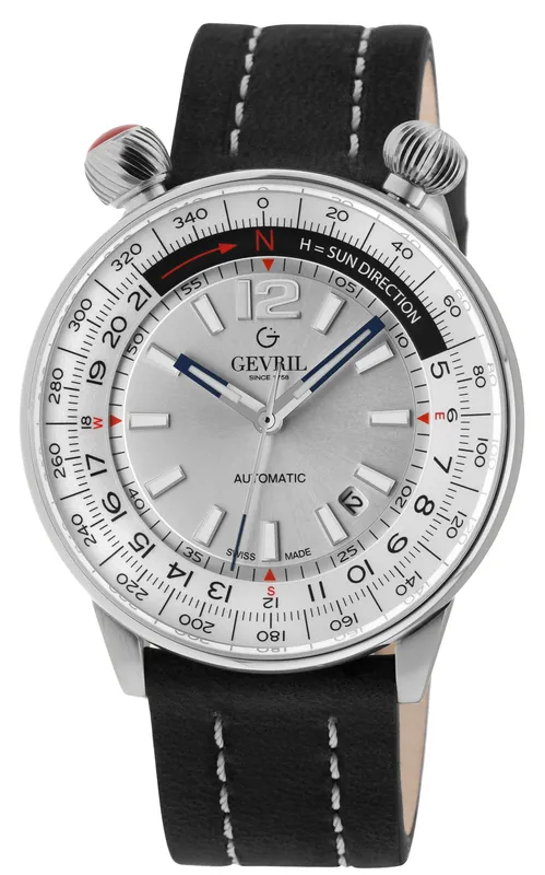 Gevril Mens Wallabout Swiss Automatic Silver Dial Stainless Steel Watch - Black Leather - One Size