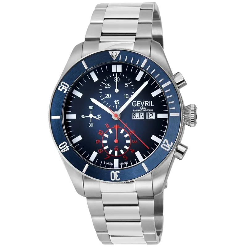 Gevril Men's Yorkville Chronograph, Swiss Automatic Diver, Blue Dial, Unidirectional Rotating bezel Bezel, Stainless Steel, Sapphire Crystal, & 20 Silver One Size