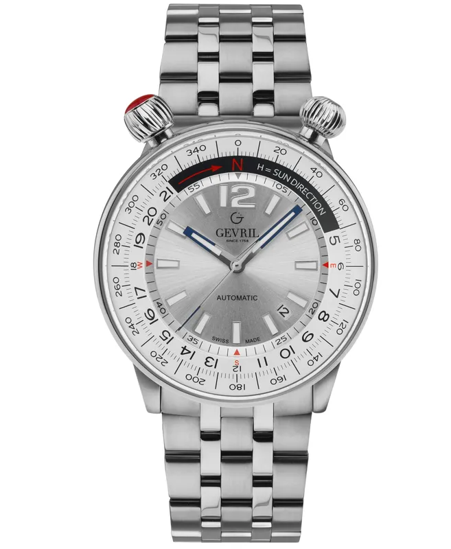 Gevril Mens Wallabout Solar Compass Swiss Automatic Watch Silver Dial Luminous Stainless Steel - One Size