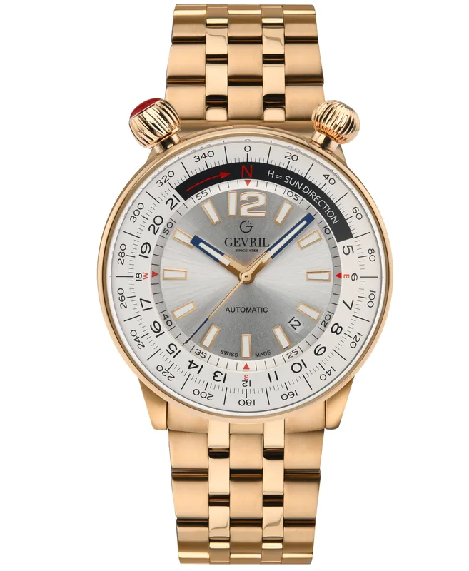 Gevril Mens Wallabout Swiss Automatic Silver Dial Iprg Watch - Rose Gold - One Size