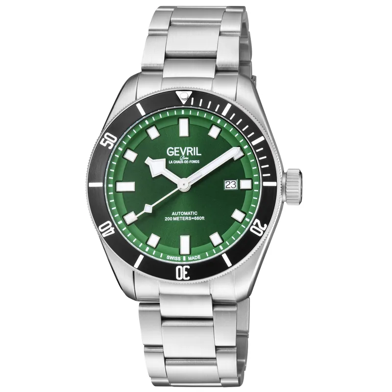 Gevril Mens Yorkville 48606 Sellita Sw200, Swiss Automatic Green Dial Stainless Steel Date Watch - Silver - One Size