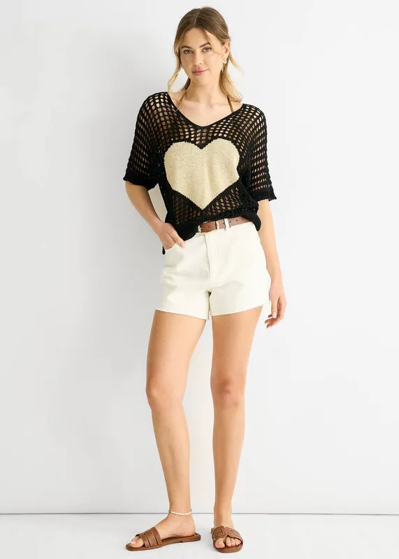 Gini London Women's Black Fish Net Heart Pattern Crochet Top Size: Medium/Large Black M/L