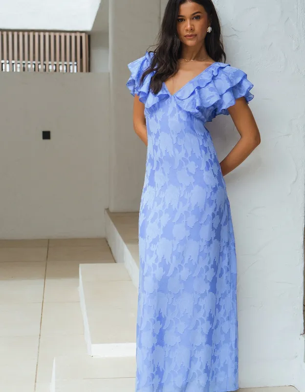 Gini London Women's Blue Satin Jacquard Ruffle Maxi Dress - Size: 8