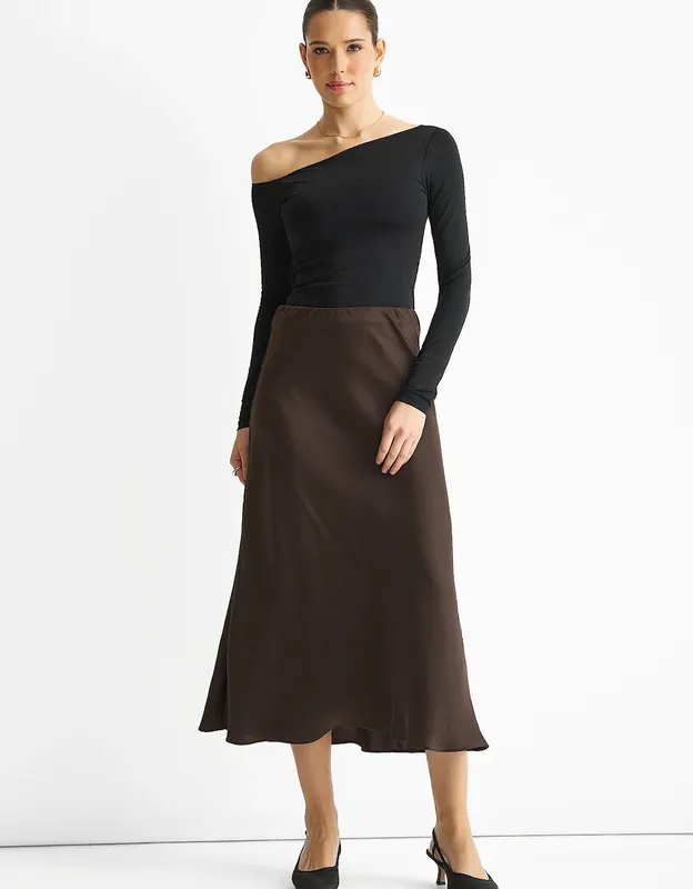 Gini London Women's Chocolate Bias Midi Skirt - Brown - Size: 10