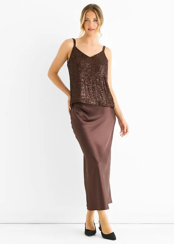 Gini London Women's Chocolate Sequin V Neck Cami Top Size: S/M Chocolate