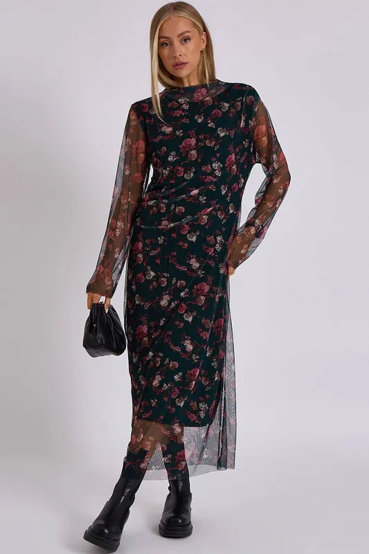 Gini London Women's Green Print Mesh Midi Dress Size: S/M Green S/M