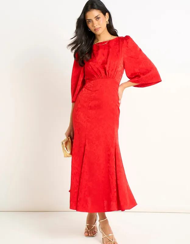 Gini London Women's Red Satin Jacquard Midi Dress - Size: 14