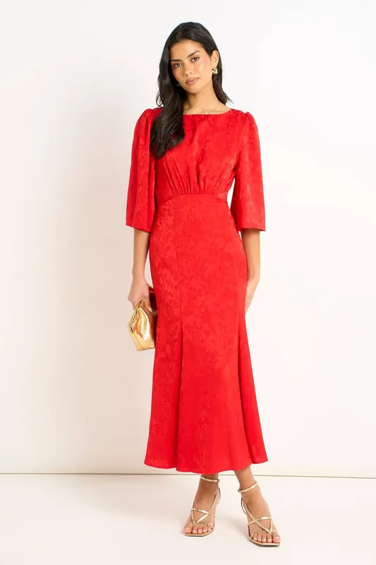 Gini London Women's Red Satin Jacquard Midi Dress Size: 8 - Red