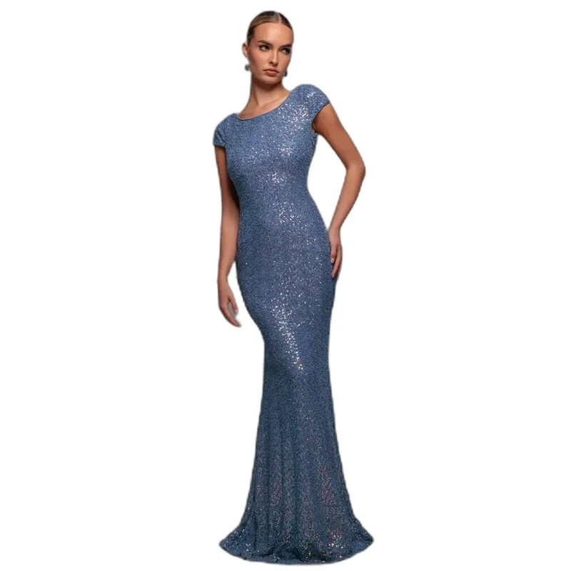 Backless Sequin Dress Women Goddiva Maxi Bleu 42