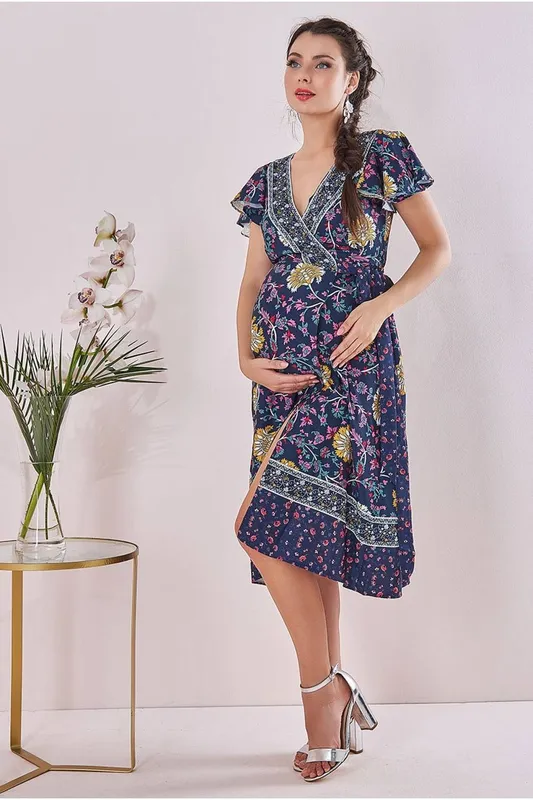 Goddiva Women's Maternity Floral Print Midi Navy Print Dress Size: 8 Navy 8 female