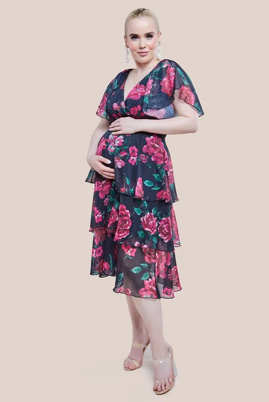 Goddiva Women's Maternity Layered Floral Midi Dress With Flutter Sleeves in Black Size: 14 Black 14