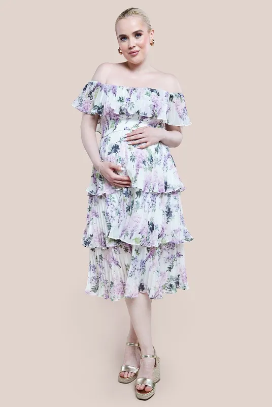 Goddiva Women's Maternity Shirred Chiffon Floral Bardot Midi Dress Size: 10 Multicolor 10