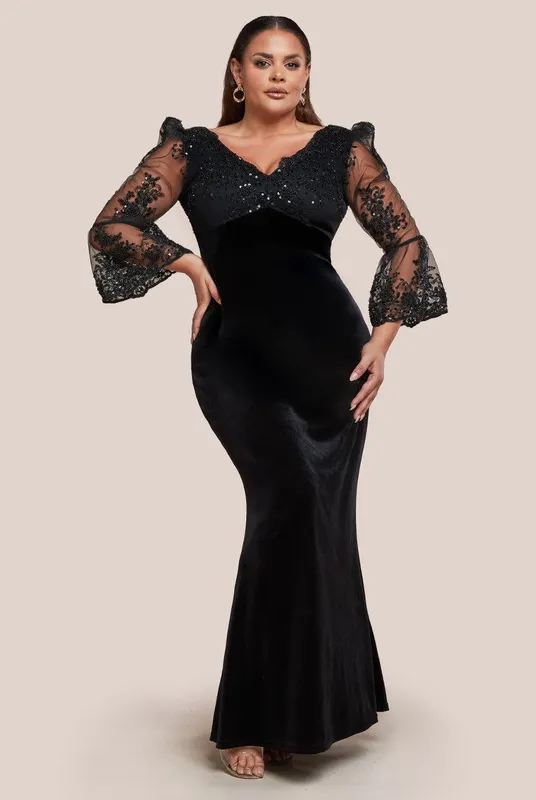 Goddiva Women's Scalloped Lace & Velvet Maxi Dress in Black Size: 22 Black 22